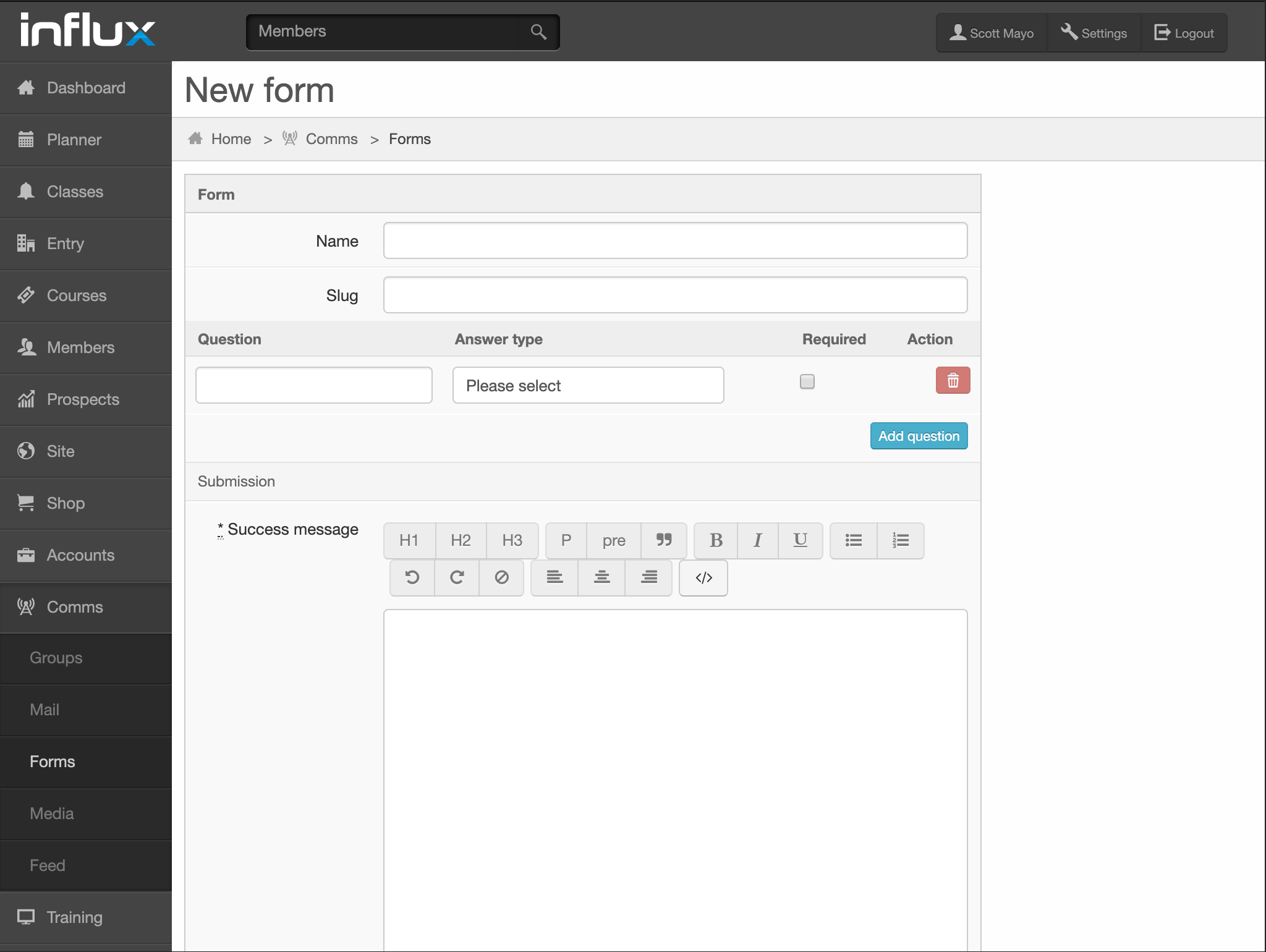 Creating a new custom form in Influx