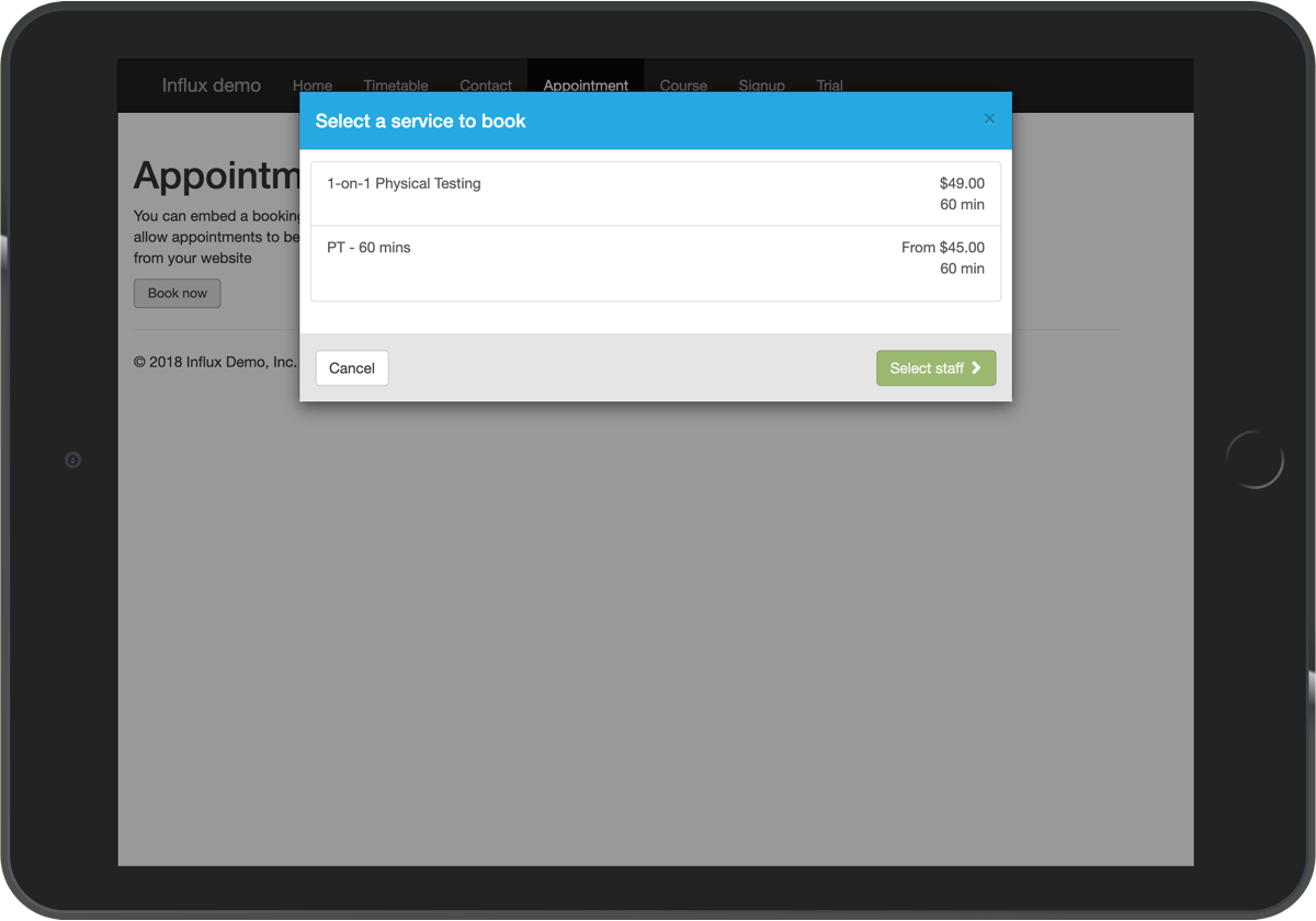 Embed Influx's appointment booking functionality into your website