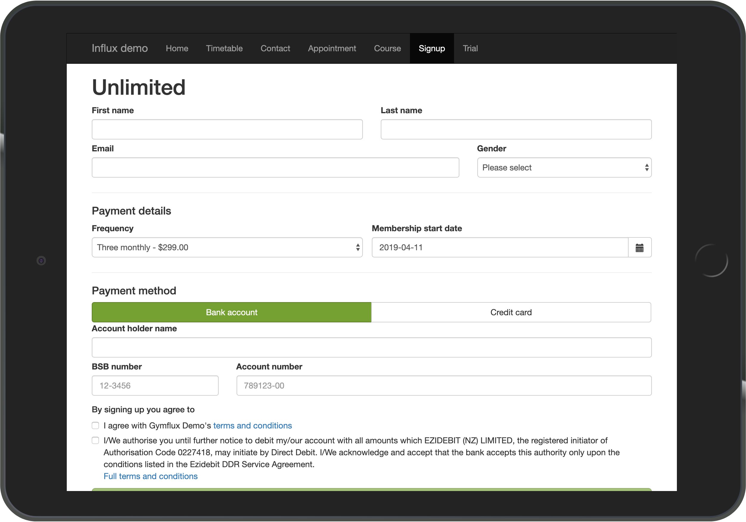 Embed Influx's online signup functionality into your website