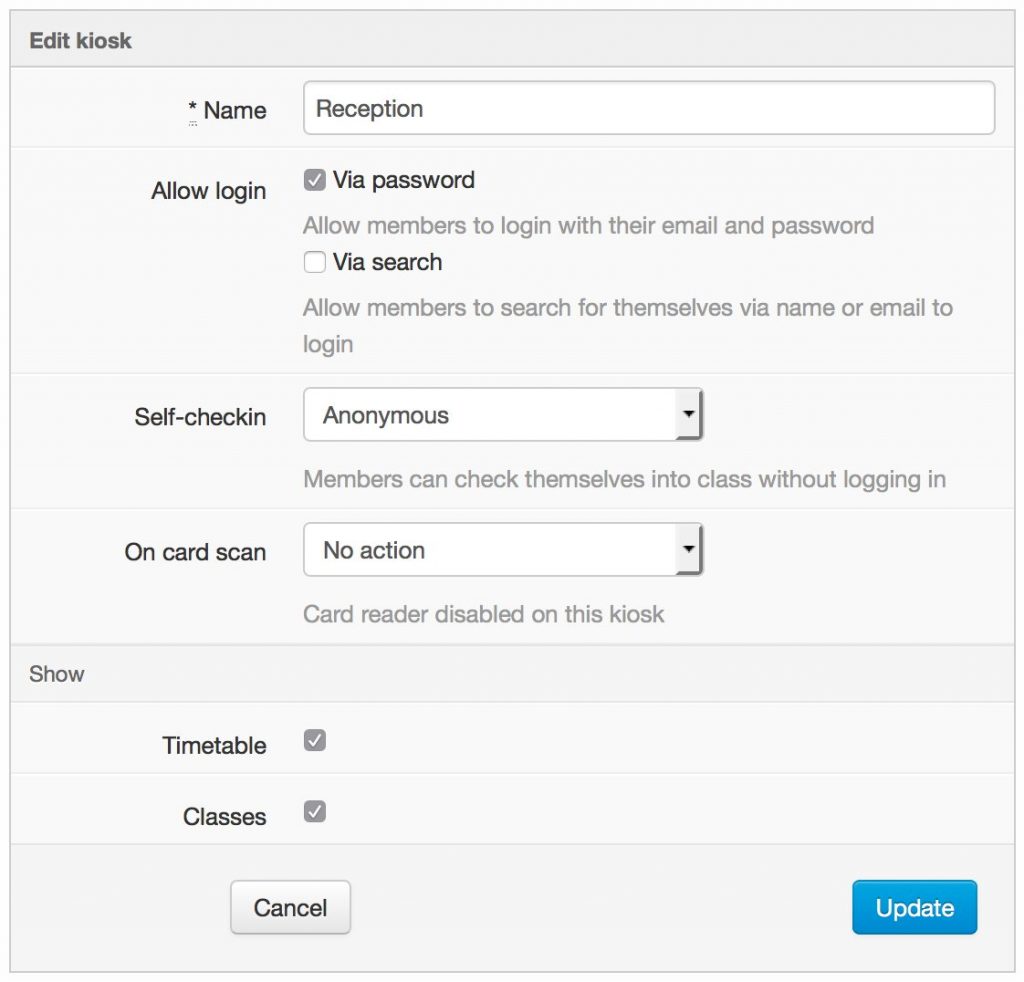 Influx Kiosk configuration options